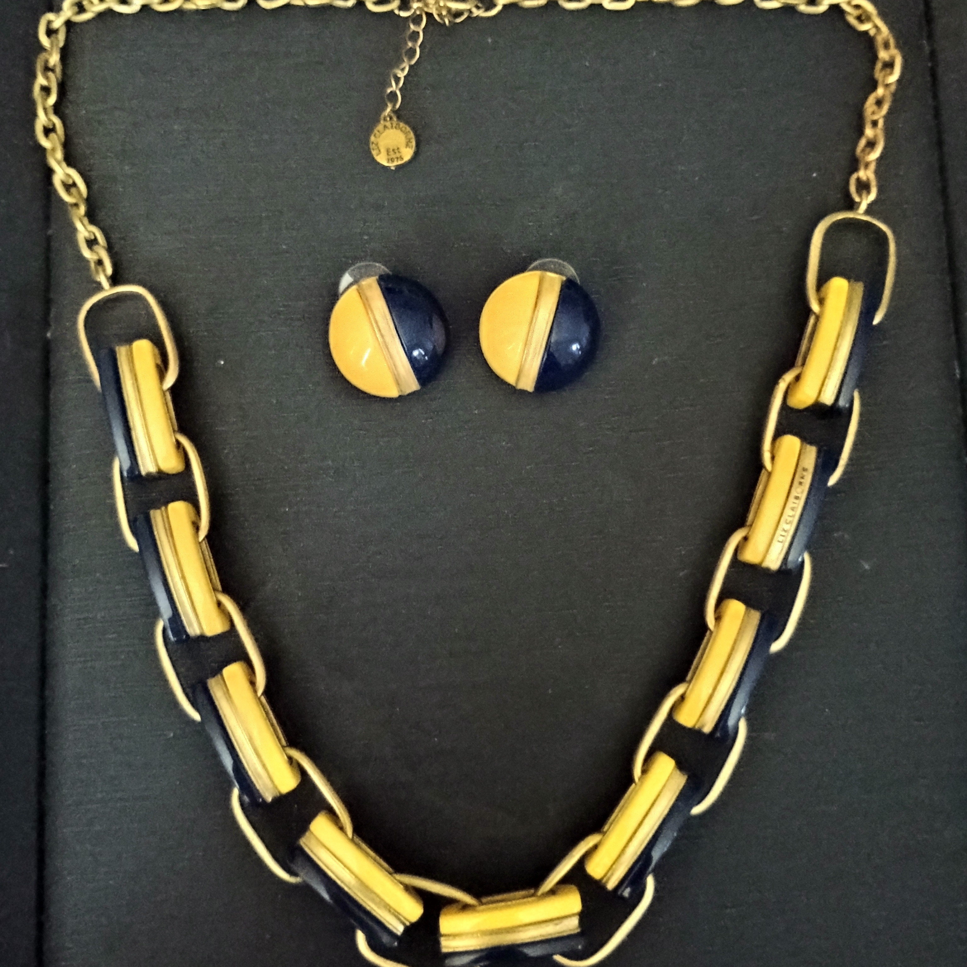 Vintage Liz Claiborne Chain Necklace And Earring Set Navy Blue And Yellow Revers 75$